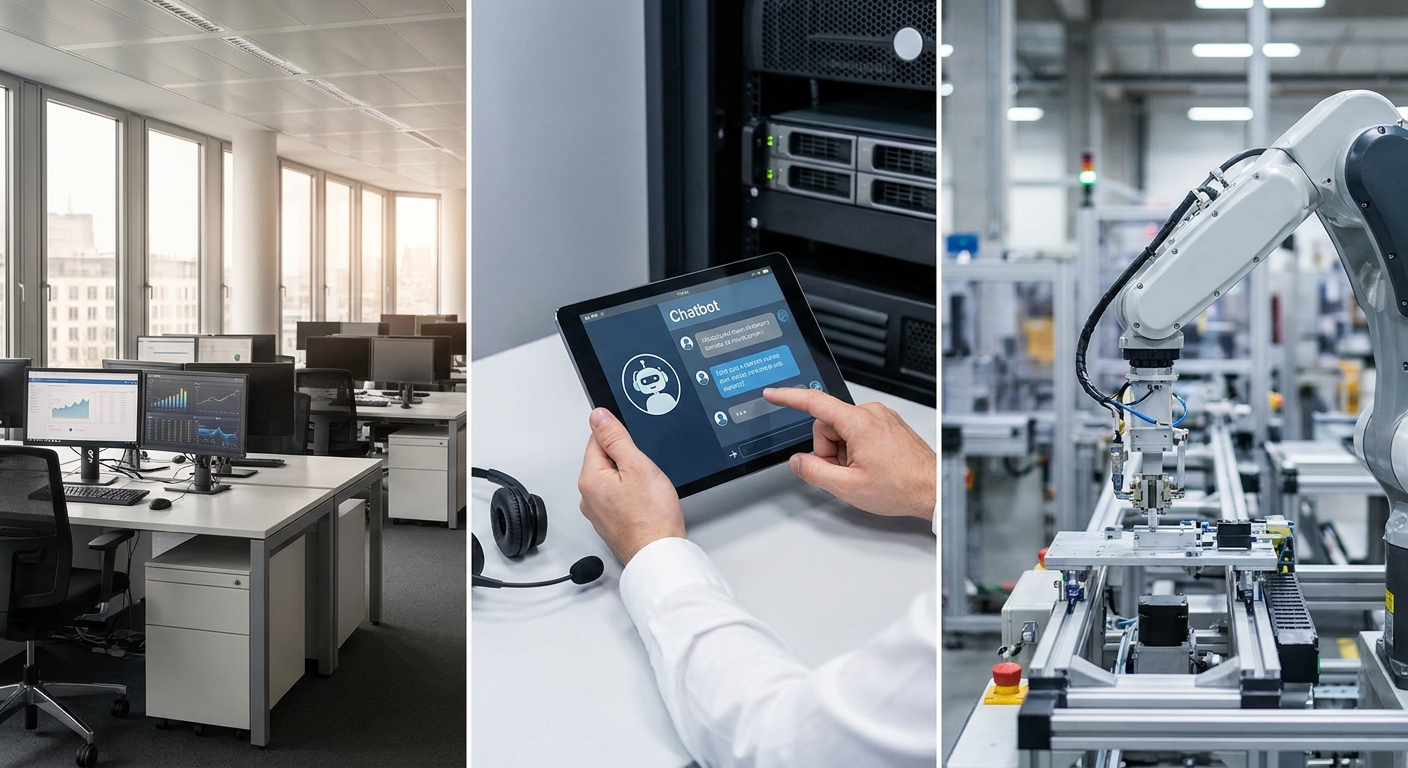 Three-panel collage: an open office with desks and monitors, a tablet showing a chatbot, and a robotic arm at a manufacturing line.