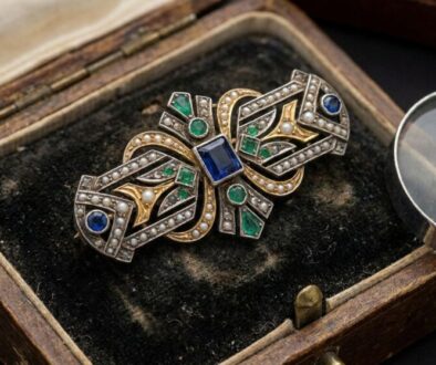 Ornate vintage brooch with blue, green, and white stones resting in an old velvet-lined wooden jewelry box, with a magnifying glass beside it.