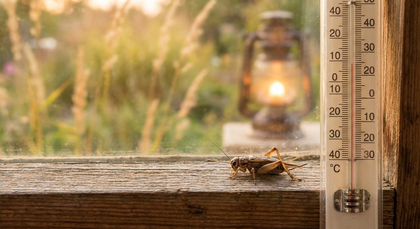 Detailed macro shot of a cricket perched on a green grass blade, showcasing its antennae.