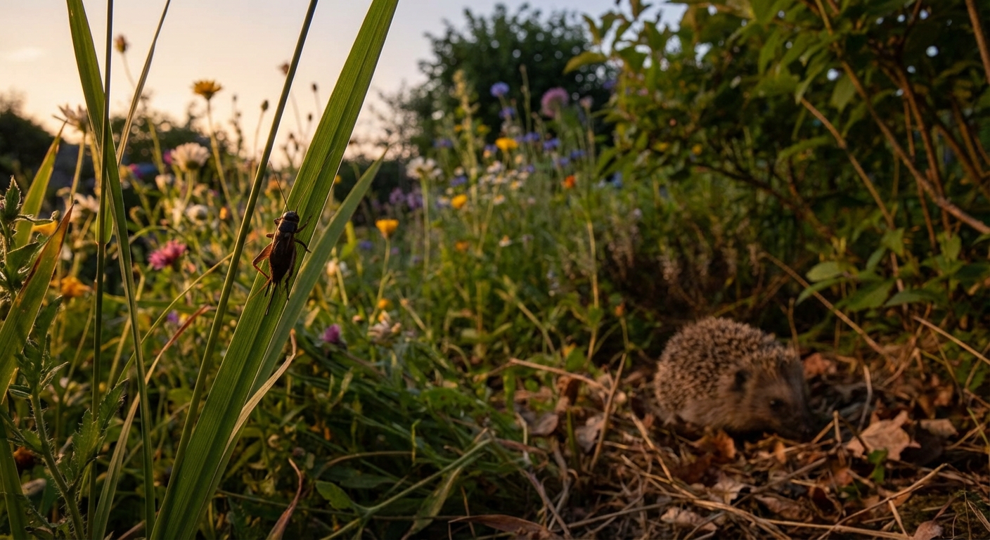 Detailed close-up of a colorful grasshopper perched on dry grass in a lush environment.