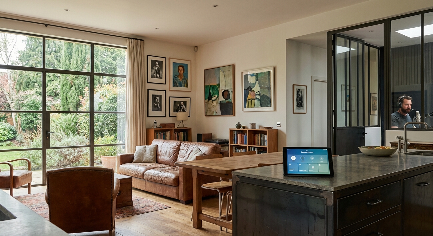 Spacious modern living room with grand piano, stylish furniture, and natural lighting through large windows.
