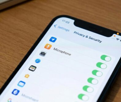 Close-up of a smartphone displaying Privacy & Security settings with multiple green toggles on the screen on a wooden desk