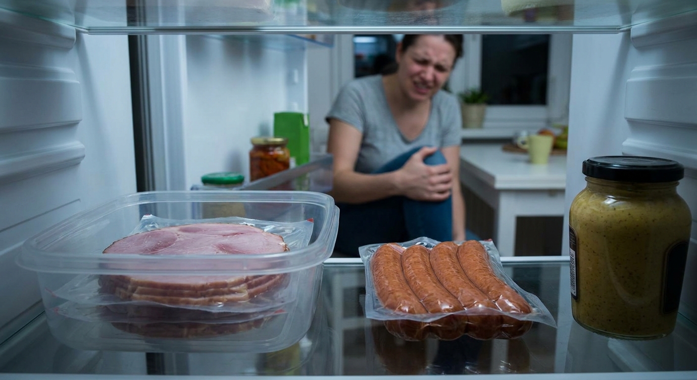 Open fridge with ham, sausages, and mustard on shelves; a woman sits on the floor in the background clutching her knee.