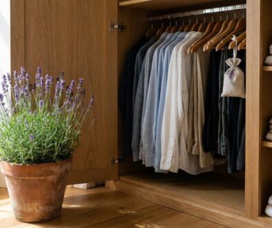 Open wooden wardrobe with shirts on hangers, towels on shelves, and a potted lavender plant near a bright window.