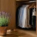 Open wooden wardrobe with shirts on hangers, towels on shelves, and a potted lavender plant near a bright window.