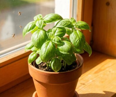 Green basil plant in a terracotta pot on a sunlit windowsill