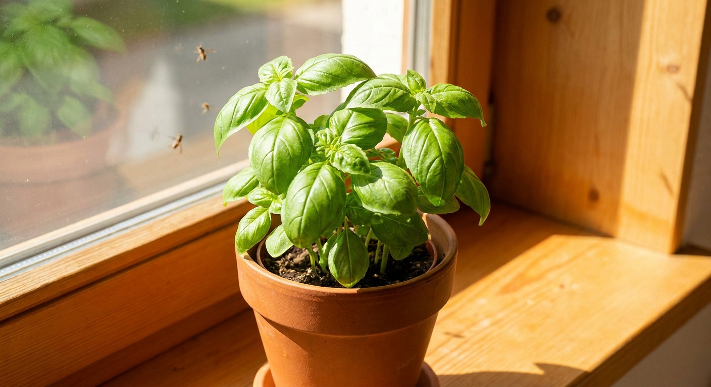 Green basil plant in a terracotta pot on a sunlit windowsill