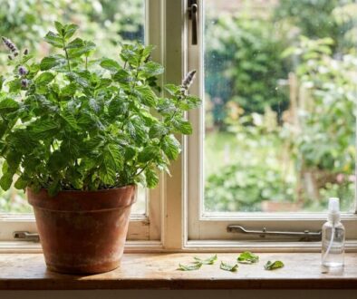 Mint plant in a terracotta pot on a wooden windowsill with a spray bottle nearby; garden visible outside the window.