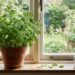 Mint plant in a terracotta pot on a wooden windowsill with a spray bottle nearby; garden visible outside the window.