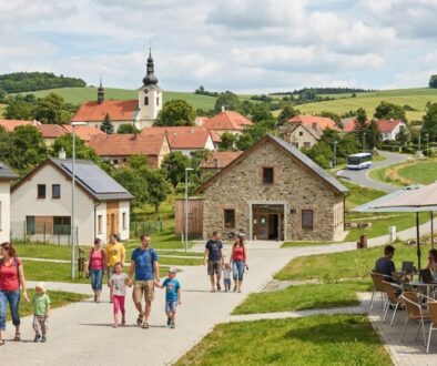 Family walk down a sunny village street with kids, past houses toward a stone cottage; a coffee shop patio sits to the right under umbrellas.