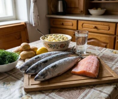 Three whole fish and a salmon fillet on a cutting board with dill, potatoes, lemon, and a bowl of salad on a kitchen table.