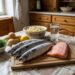 Three whole fish and a salmon fillet on a cutting board with dill, potatoes, lemon, and a bowl of salad on a kitchen table.