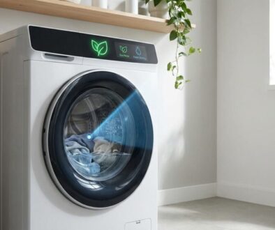 Front-loading washing machine in a bright laundry room with green plants nearby.