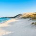 Sunny sandy beach with dunes and tufts of grass, calm blue sea on the left, under a clear sky.