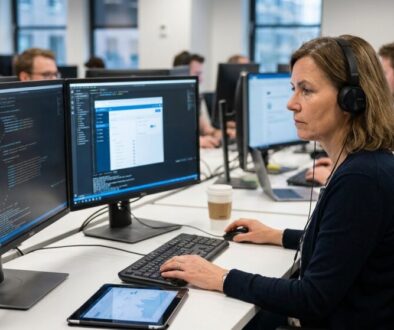Woman wearing headphones at a desk with dual monitors showing code, typing on the keyboard in a busy office