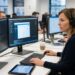 Woman wearing headphones at a desk with dual monitors showing code, typing on the keyboard in a busy office