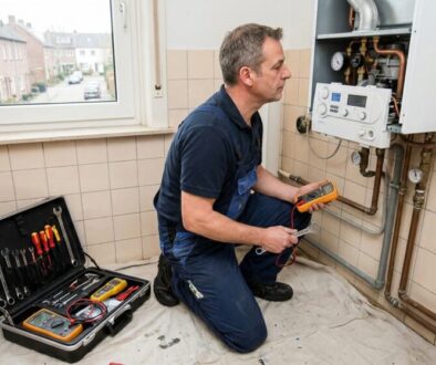 Maintenance worker kneels by a wall-mounted boiler, using a handheld multimeter to test electrical connections in a kitchen setting.|