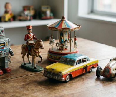 Collection of vintage tin toys on a wooden table: robot, horse-mounted soldier, carousel, yellow-and-red car, and a vintage race car with driver on display.