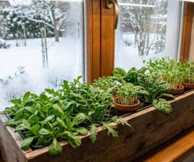 Wooden window planter with young herbs on a bright windowsill; snow visible outside the frosted glass window.