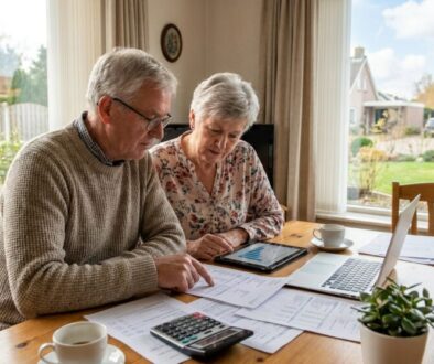 A senior couple sits at a wooden table reviewing papers and using a tablet and laptop for finances at home, with coffee cups nearby.
