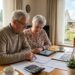 A senior couple sits at a wooden table reviewing papers and using a tablet and laptop for finances at home, with coffee cups nearby.