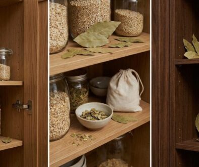 Wooden pantry shelves with glass jars of grains, a woven basket, and scattered bay leaves for a rustic display.