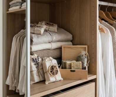 Open wooden wardrobe with hanging white shirts and neutral knitwear, folded linens on the shelf, and a wooden box of soaps with a lavender sachet on display.
