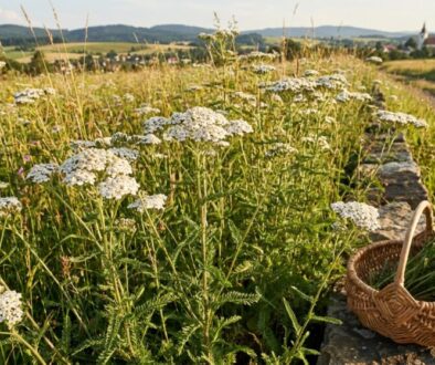 Meadow with white yarrow flowers beside a stone wall and a wicker basket of herbs on the edge of the path, village in the distance