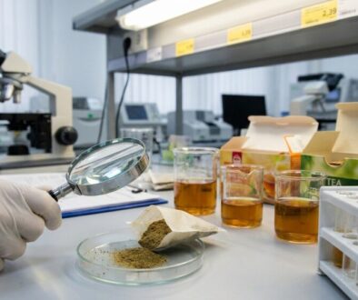 Gloved hand uses a magnifying glass to inspect brown powder on a petri dish in a laboratory.