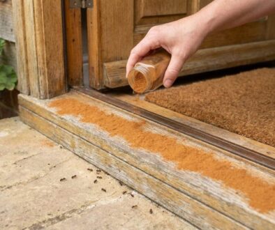 A hand sprinkling orange spice-like powder along a wooden door threshold, with ants on the concrete outside.