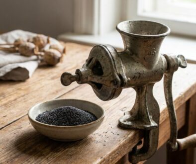 Old metal manual meat grinder on a wooden table with a bowl of black pepper nearby, in a sunlit kitchen.