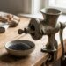 Old metal manual meat grinder on a wooden table with a bowl of black pepper nearby, in a sunlit kitchen.