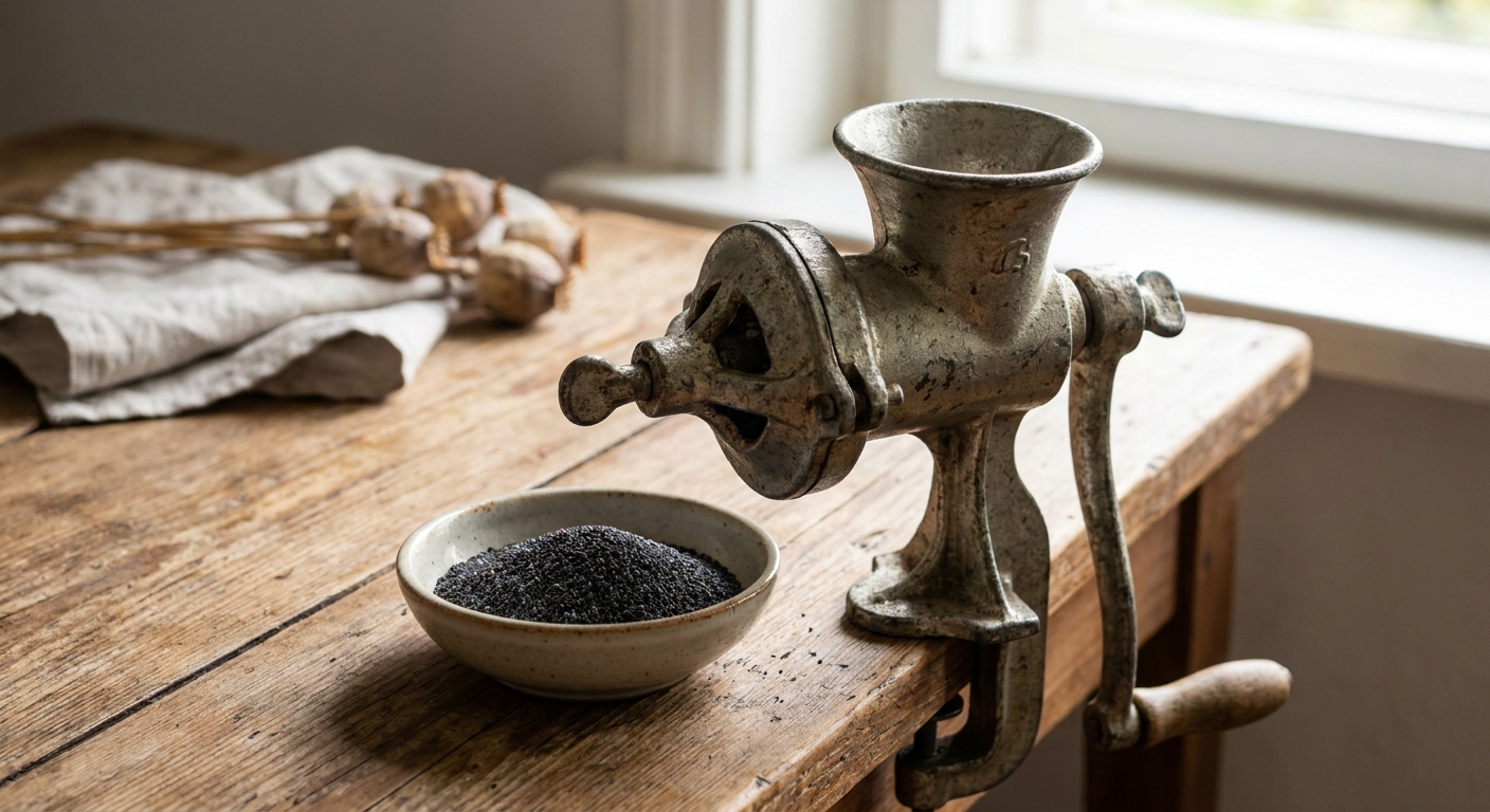 Old metal manual meat grinder on a wooden table with a bowl of black pepper nearby, in a sunlit kitchen.