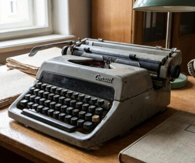 Vintage gray Consul typewriter on a wooden desk with stacked papers, a lamp, an old rotary phone, an ashtray and a notebook nearby by a window.