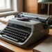 Vintage gray Consul typewriter on a wooden desk with stacked papers, a lamp, an old rotary phone, an ashtray and a notebook nearby by a window.