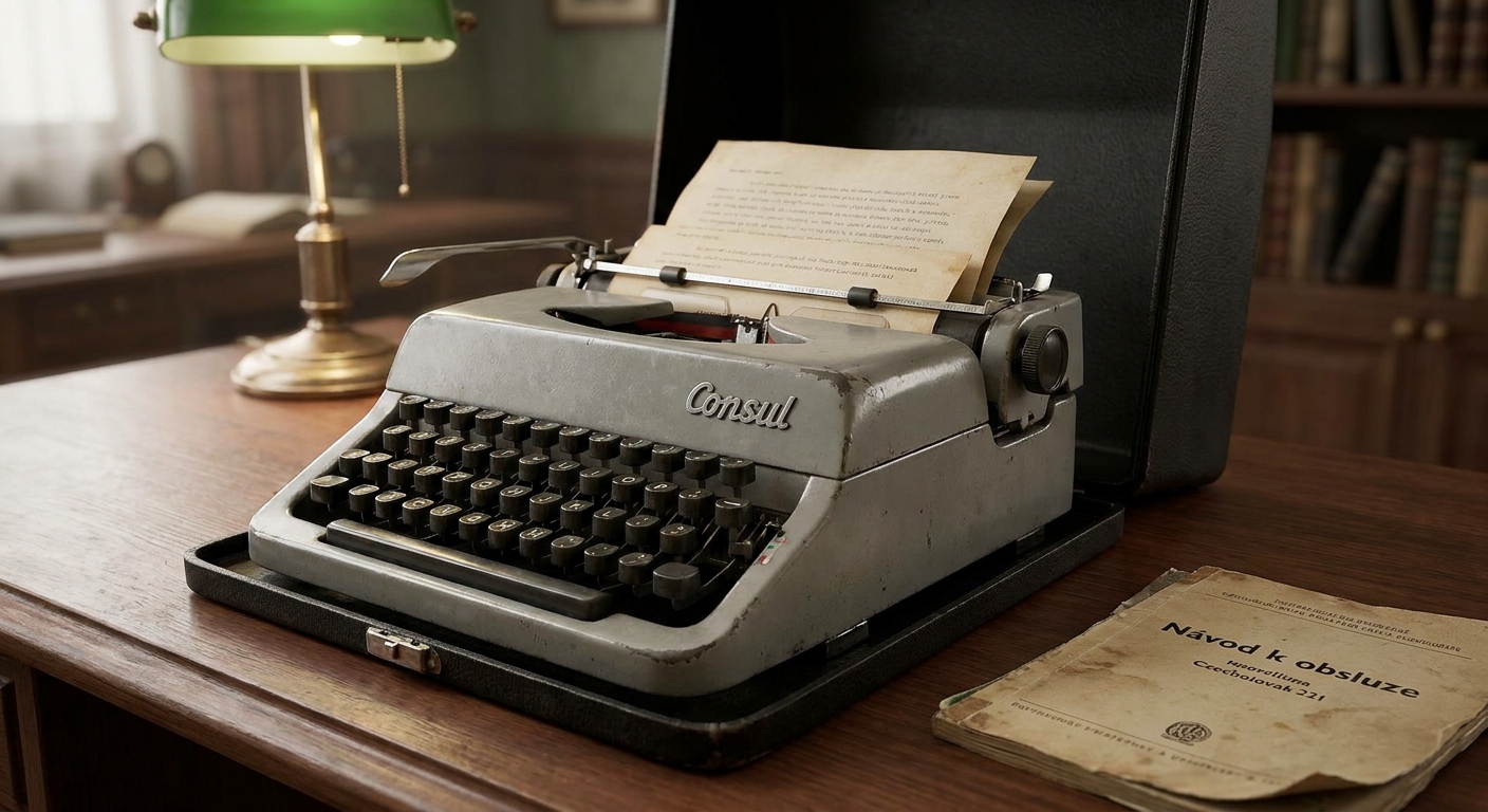 Tento starý psací stroj značky Consul mělo za Husáka v kanceláři 80 % lidí. Dnes se prodává za cenu nové televize