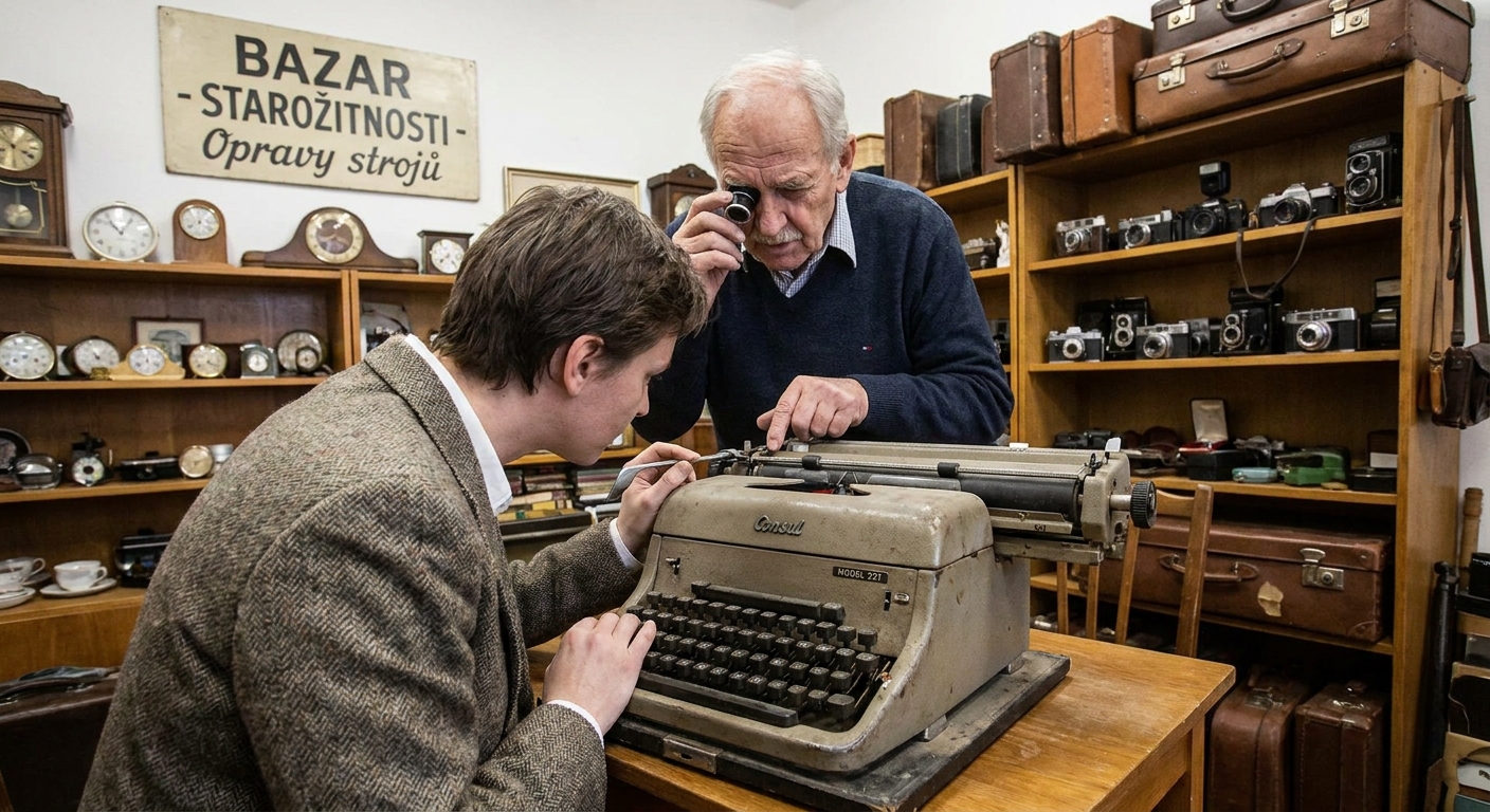 Tento starý psací stroj značky Consul mělo za Husáka v kanceláři 80 % lidí. Dnes se prodává za cenu nové televize