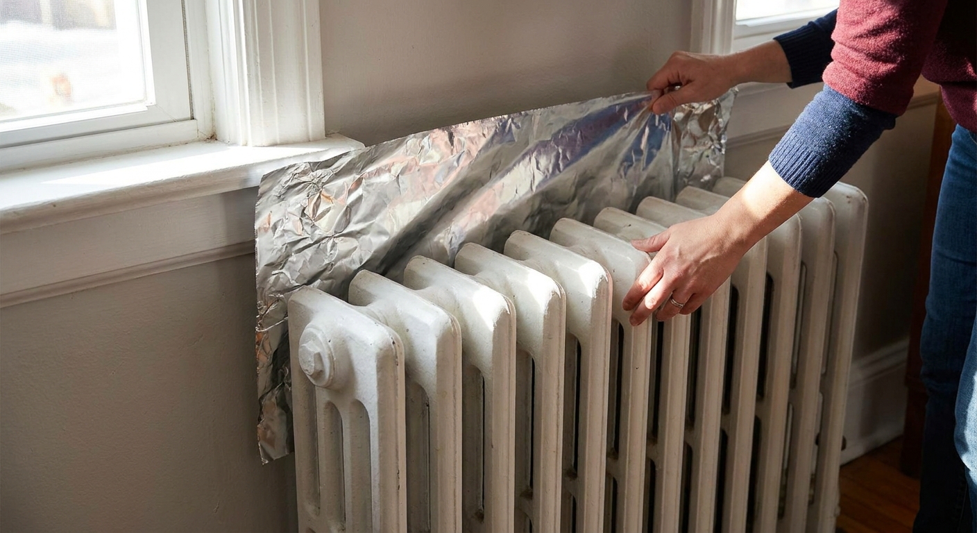 Person installing reflective foil behind a radiator by a window.