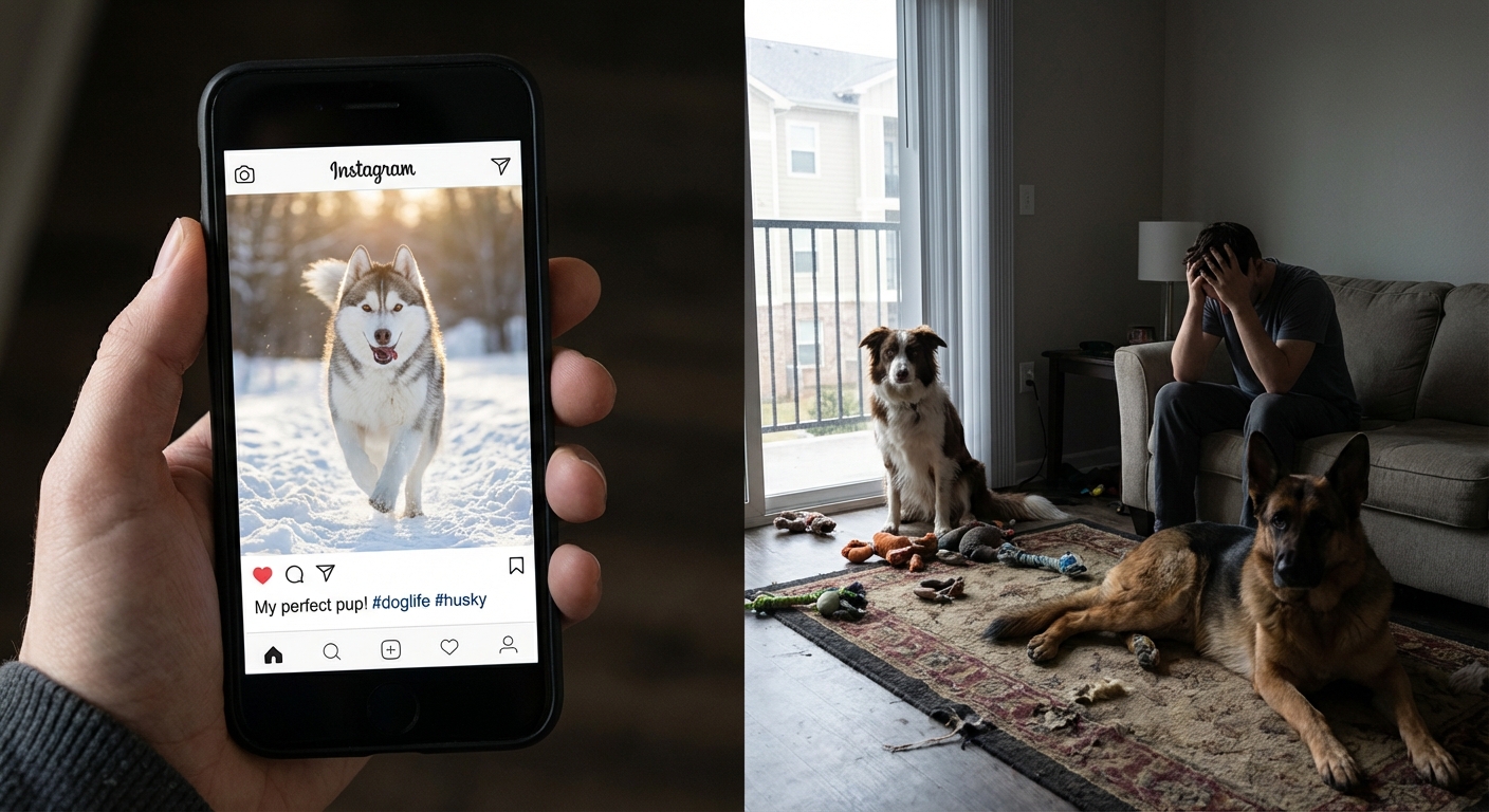 A husky dog lying on a wooden floor indoors, with a blurred person in the background.