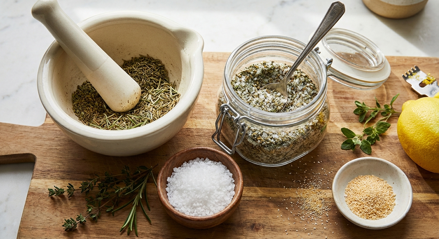 A colorful arrangement of spices and herbs on spoons, perfect for culinary scenes.