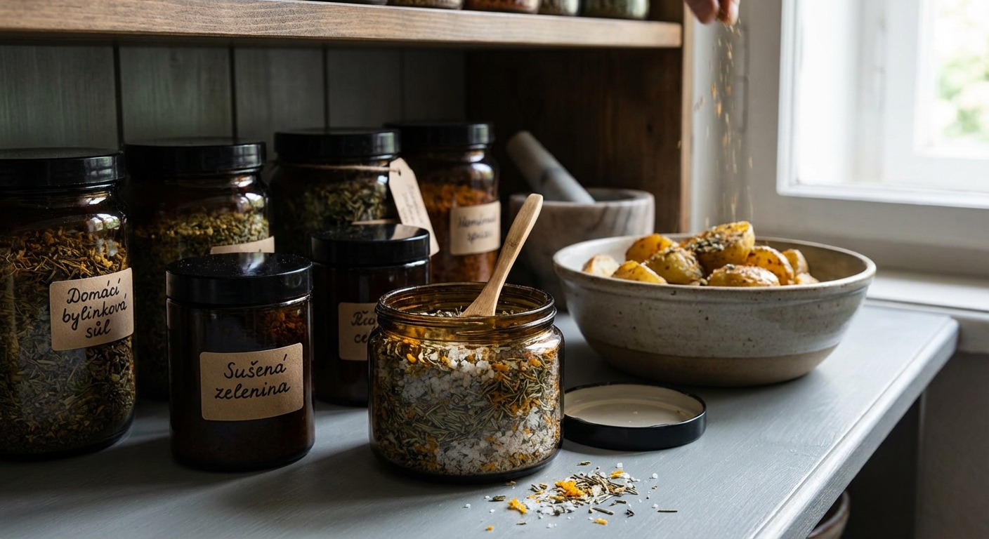 A top view of fresh carrots and various spices on a dark background for a cooking concept.