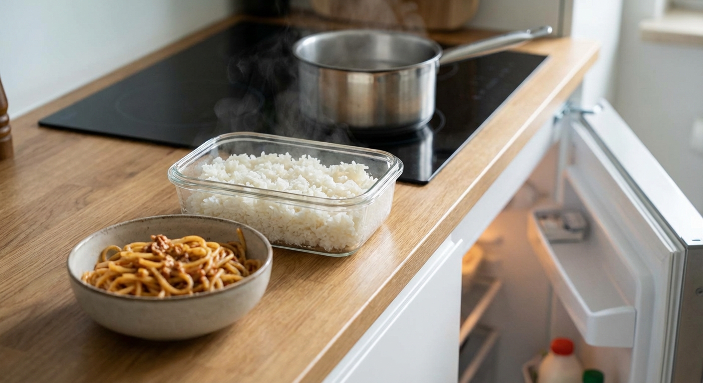 A detailed close-up view of freshly steamed white rice served in a wooden bowl.