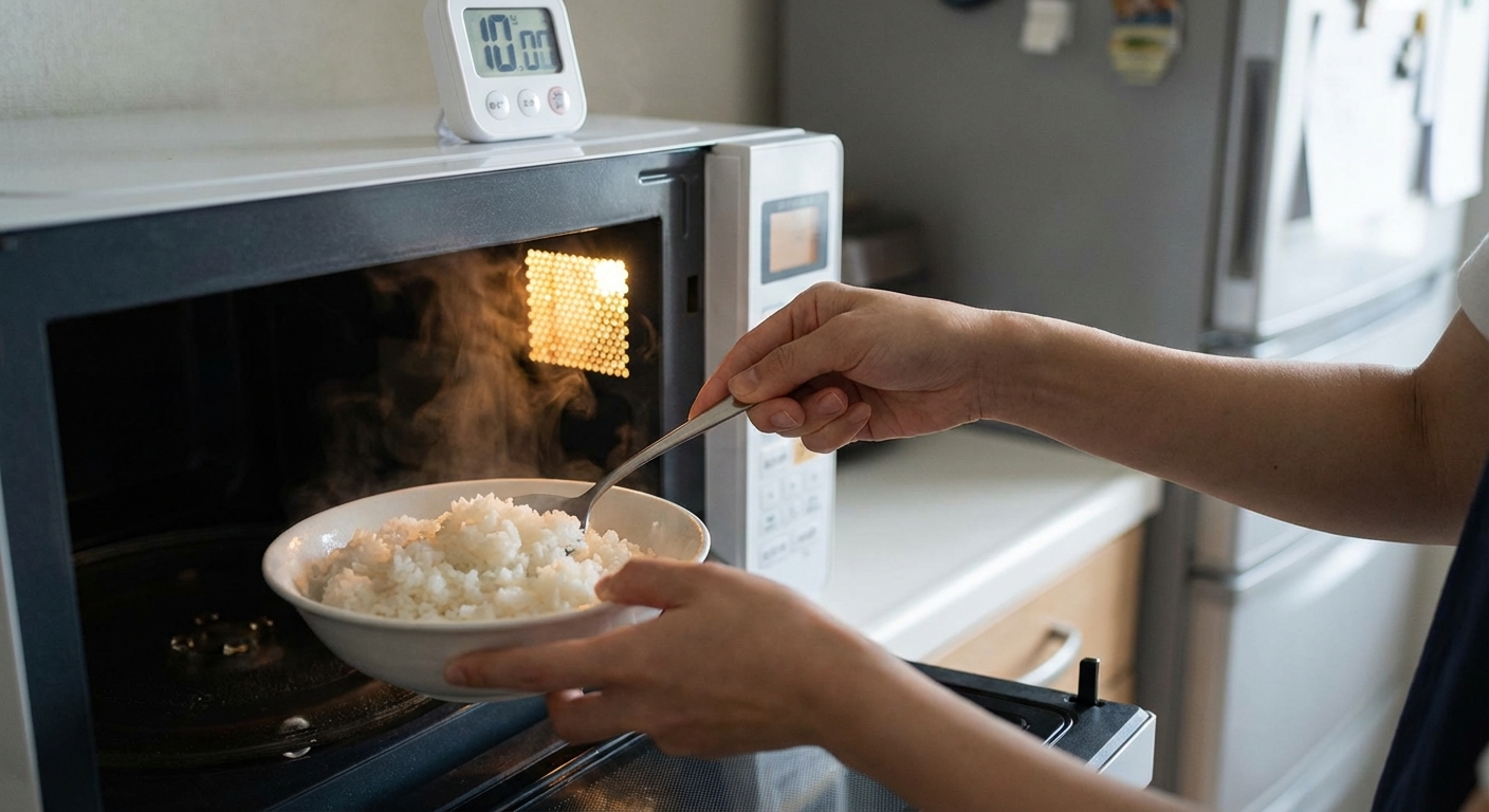 Flat lay of cooked rice in a frying pan with butter and tea on a wooden board.