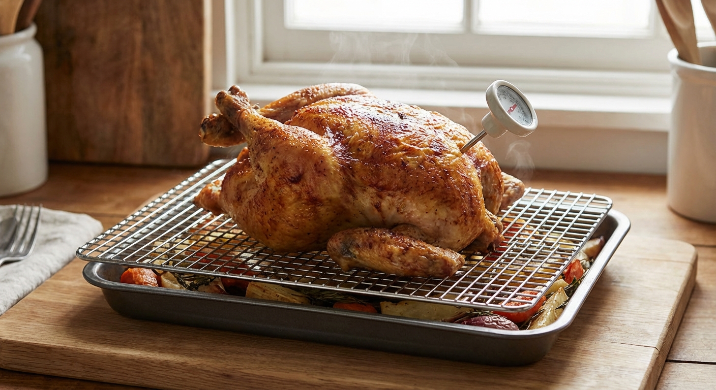Perfectly roasted chicken on a white plate with savory gravy, ideal for food enthusiasts.