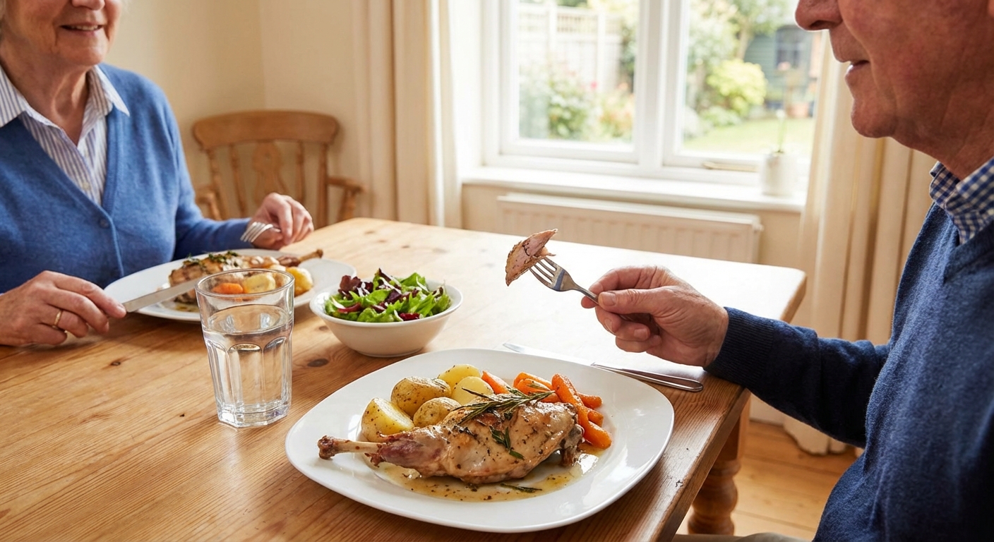 Close-up of raw chicken breasts on a plate with basil leaves, ideal for culinary themes.