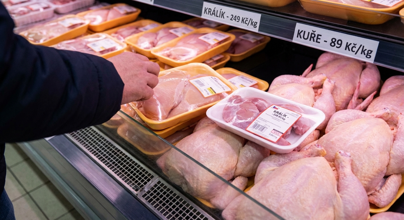 Raw chicken breasts garnished with rosemary and garlic on a white surface.