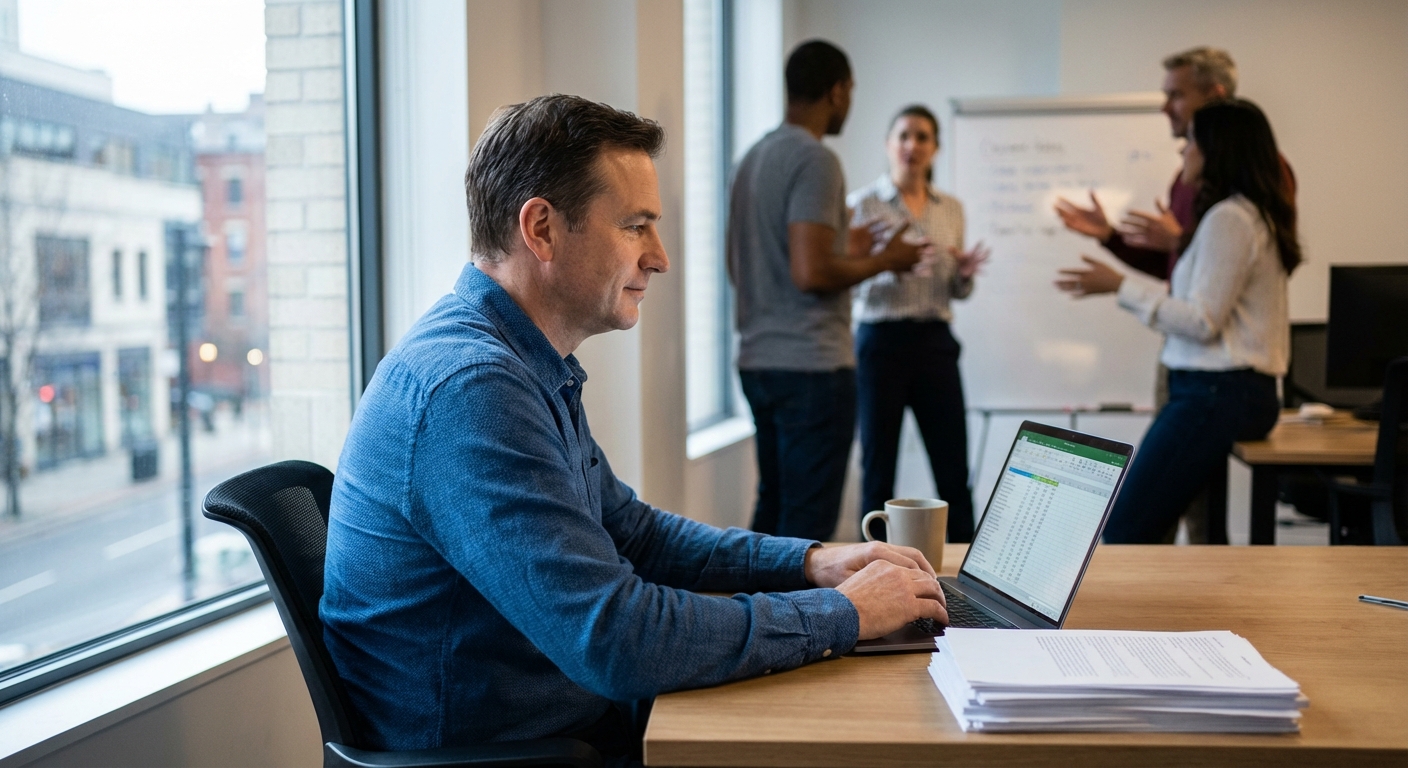 Business professional in formal attire writing at a desk in an office setting with large windows.
