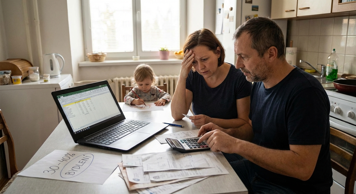 A couple looks worried as they review bills at their kitchen table, reflecting financial concerns.