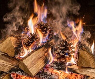 A cozy fireplace with stacked logs and pinecones burning, flames licking the wood and smoke curling upward, brick surround visible