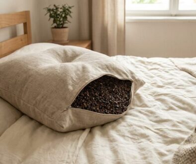 Beige linen bag opened to reveal coffee beans on an unmade bed.
